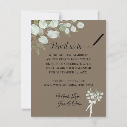 Rustige Waterverf Eucalyptus springt met tan Weddi Save The Date (Achterkant)