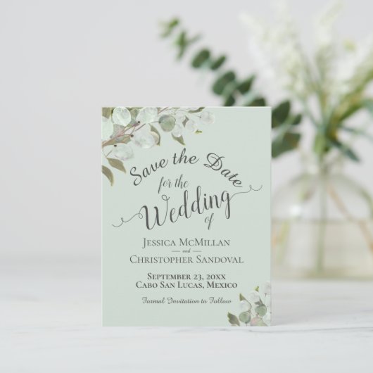 Rustige Waterverf Eucalyptus vertrekt mint bruilof Save The Date (Staand voorkant)