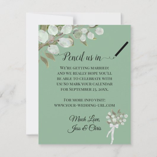 Rustige Waterverf Eucalyptus vertrekt mint bruilof Save The Date (Achterkant)