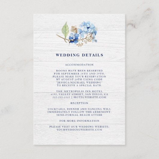 Rustige Waterverf Floral Hydrangea Wedding Details Informatiekaartje (Voorkant)