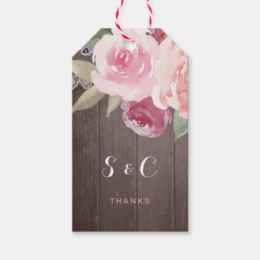 Rustige waterverf floral lace bruiloft monogram cadeaulabel (Voorkant)