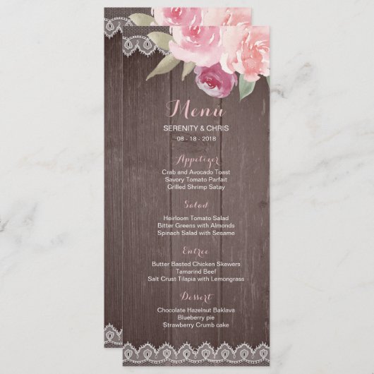 Rustige waterverf floral lace trouwmenu menu (Voorkant / Achterkant)
