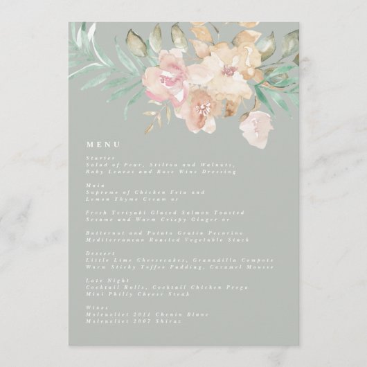 Rustige Waterverf Florals op Sage Green Wedding Menu (Voorkant)