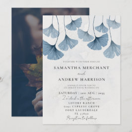 Rustige Waterverf Ginkgo Dusty Blue Wedding Kaart