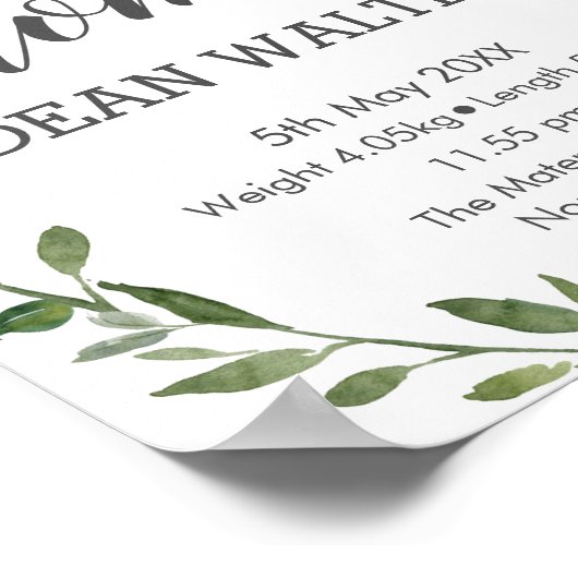 Rustige Waterverf Greenery Birth Stats Wall Art Poster (Hoek)
