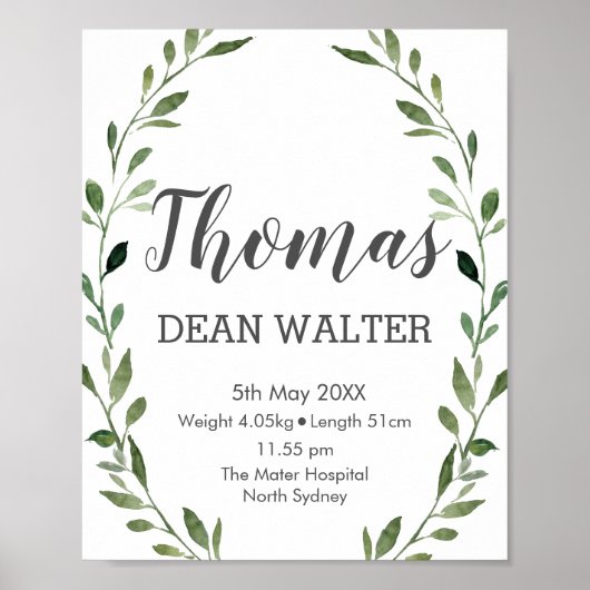 Rustige Waterverf Greenery Birth Stats Wall Art Poster (Voorkant)