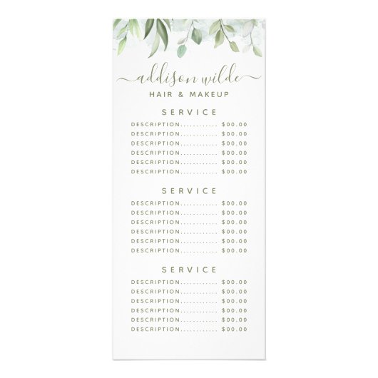 Rustige Waterverf Greenery Floral Service Price Reclamekaart (Achterkant)