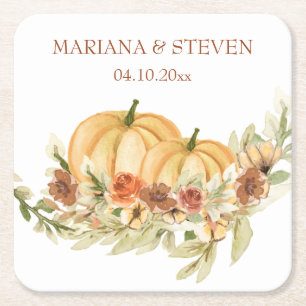 Rustige Waterverf Herfst in Love Pumpkin Wedding Vierkante Kartonnen Onderzetter