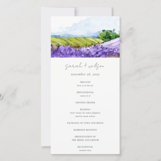 Rustige Waterverf Lavender Fields Wedding Programm Bedankkaart (Voorkant)