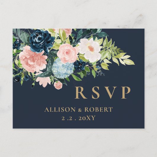 Rustige Waterverf marine Blush Gold Floral RSVP Uitnodiging Briefkaart (Voorkant)
