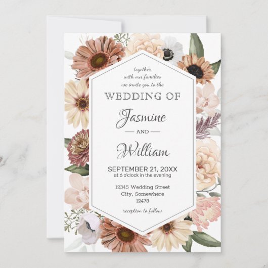 Rustige Waterverf Neutral Boho Floral Wedding Invi Kaart (Voorkant)