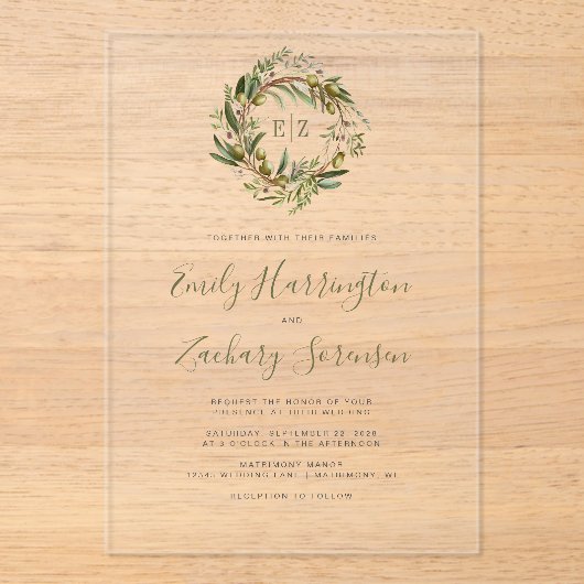 Rustige Waterverf Olive Wreath Wedding Acryl Uitnodigingen (Voorkant)