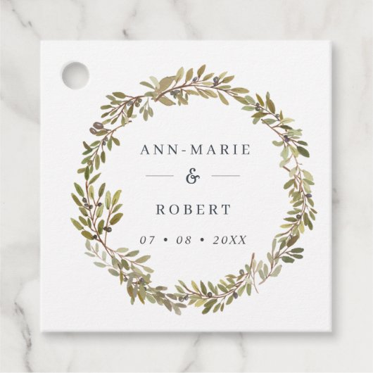 Rustige Waterverf Olive Wreath Wedding Bedankjes Labels (Voorkant)