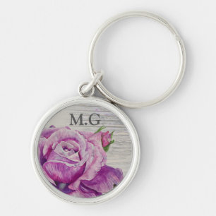Rustige Waterverf Paars Roos Monogram Sleutelhanger