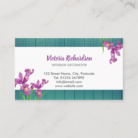 Rustige Waterverf Paarse Irises Floral Design Visitekaartje (Achterkant)