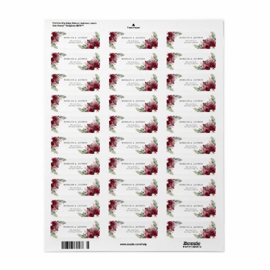 Rustige Waterverf Pastel Maroon Bloom Adres  Etiket (Full Sheet)