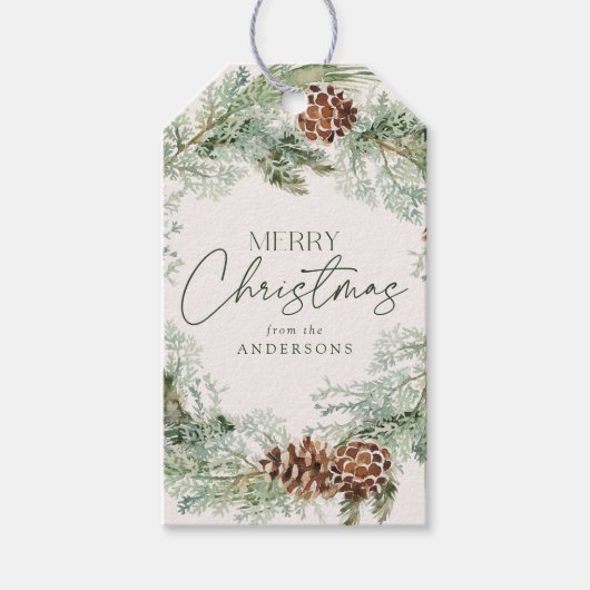 Rustige Waterverf Pine Cone Wreator Cadeaulabel (Voorkant)