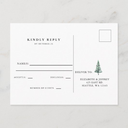 Rustige Waterverf Pine Forest Winter RSVP Uitnodiging Briefkaart (Achterkant)