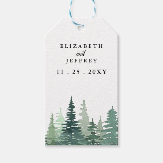Rustige Waterverf Pine Forest Winter Wedding Cadeaulabel (Voorkant)