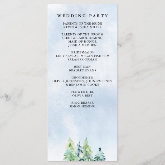 Rustige Waterverf Pine Forest Winter Wedding Programma (Achterkant)