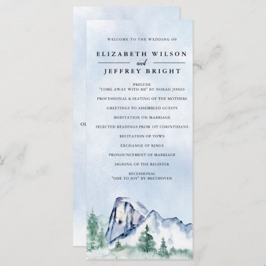 Rustige Waterverf Pine Forest Winter Wedding Programma (Voorkant / Achterkant)