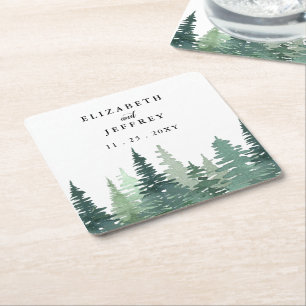 Rustige Waterverf Pine Forest Winter Wedding Vierkante Kartonnen Onderzetter