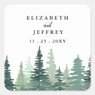 Rustige Waterverf Pine Forest Winter Wedding Vierkante Sticker