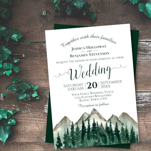 Rustige Waterverf Pine Trees & Mountains Wedding Kaart