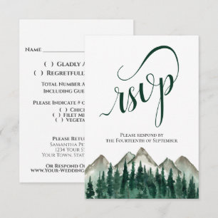 Rustige Waterverf Pine Trees & Mountains Wedding RSVP Kaartje