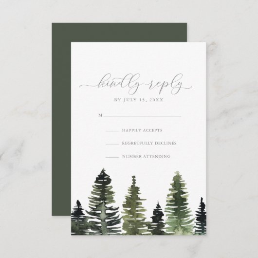 Rustige Waterverf Pine Trees Wedding RSVP-kaart Kaart (Voorkant / Achterkant)