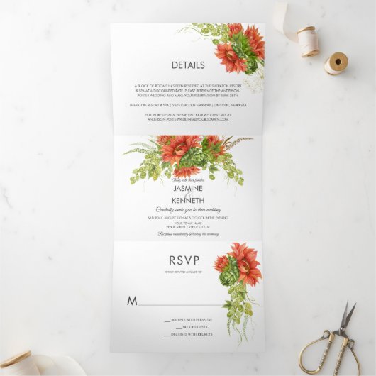 Rustige Waterverf Rood/Oranje Zonnebloem Greenery Drieluik Uitnodiging (Binnen)