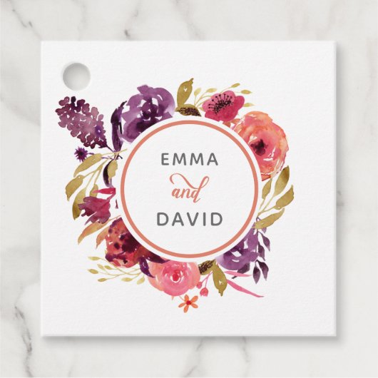 Rustige Waterverf Roze en Paarse Floral Wedding Bedankjes Labels (Voorkant)