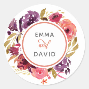 Rustige Waterverf Roze en Paarse Floral Wedding Ronde Sticker