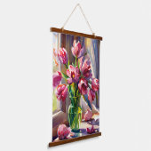Rustige Waterverf Roze Tulpen in Vase Hangend Wandkleed (Gebogen)