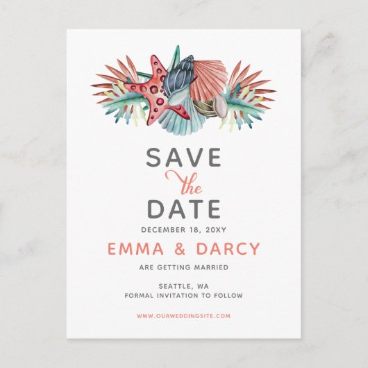 Rustige Waterverf Seashells Starfish Beach Wedding Aankondigingskaart (Voorkant)