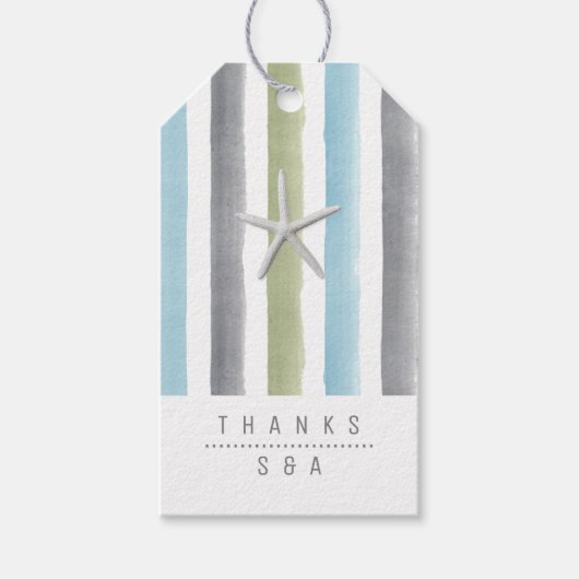 Rustige waterverf streept nautische strandbruiloft cadeaulabel (Voorkant)
