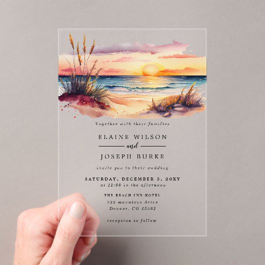Rustige Waterverf Sunset Beach Seascape Wedding Acryl Uitnodigingen (Insitu (Draagbaar))