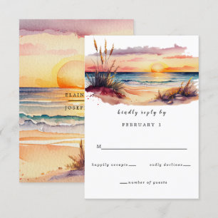 Rustige Waterverf Sunset Beach Seascape Wedding RSVP Kaartje