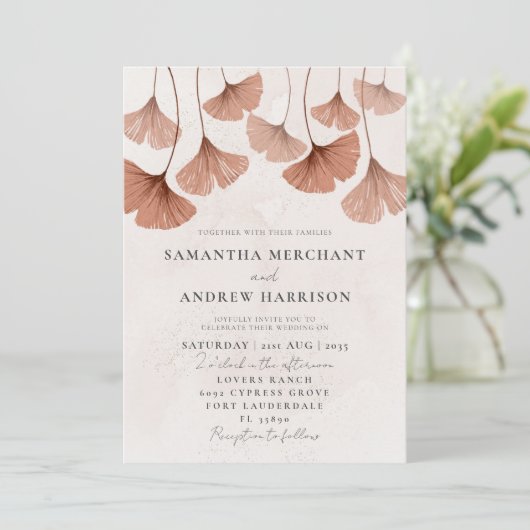 Rustige Waterverf Terracotta Ginkgo Wedding Kaart (Staand voorkant)
