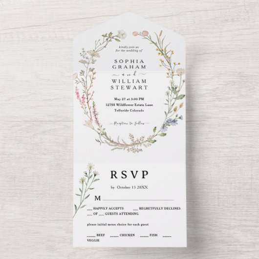Rustige Waterverf Wildbloem Theme Spring Wedding All In One Uitnodiging (Binnen)