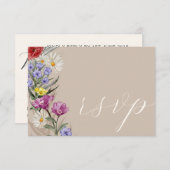 Rustige Waterverf Wilde Bloem & Beige Wedding RSVP (Voorkant / Achterkant)