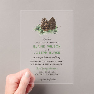 Rustige Waterverf Winter Forest Pine Cone Wedding Acryl Uitnodigingen
