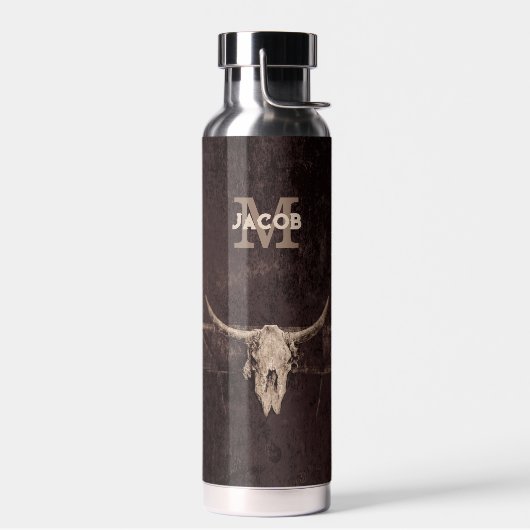Rustige Westerne bruine beige Old Bull Skull Monog Waterfles (Links)