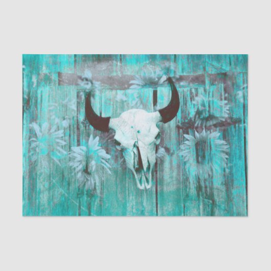 Rustige Westerne Bull Skull Blauwgroen Boho Sunflo Tissuepapier (Voorkant)