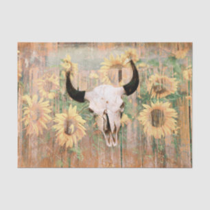Rustige Westerne Bull Skull Brown Yellow Sunflower Tissuepapier