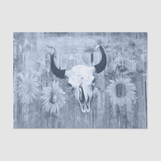 Rustige Westerne Bull Skull Dusty Blue Sunflower Tissuepapier (Voorkant)