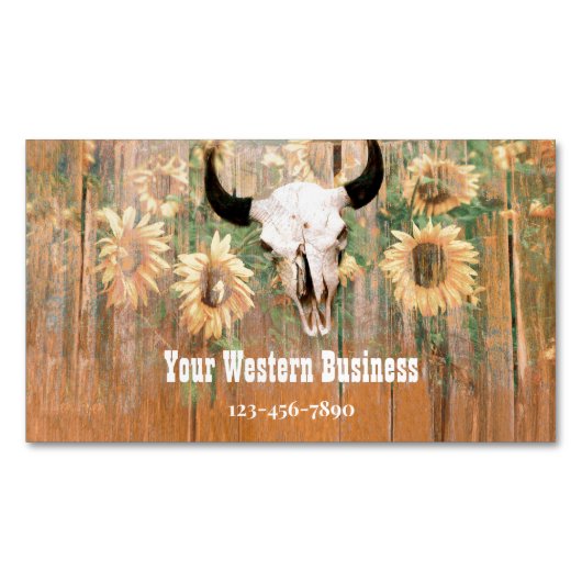 Rustige Westerne Bull Skull Sunflower Houtextuur Magnetisch Visitekaartje (Voorkant)