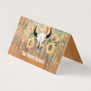 Rustige Westerne Bull Skull Sunflower Houtextuur Visitekaartjes