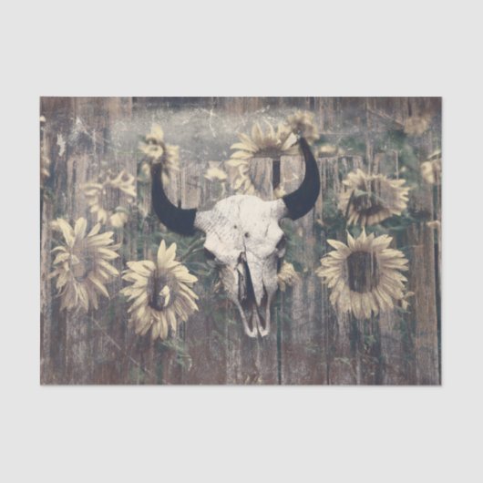 Rustige Westerne Bull Skull Textuur Zonnebloemen Tissuepapier (Voorkant)