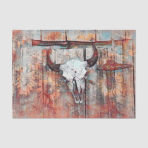 Rustige Westerne Rust Brown Bull Skull Sunflower Tissuepapier